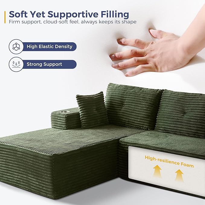 MAXYOYO 132" Giant U-Shaped Modular Sectional Couch, Modern Boneless Couch for Living Room, Sofa in A Box, Oversized Sofa Sleeper with Deep Seat, No Assembly Required, Green