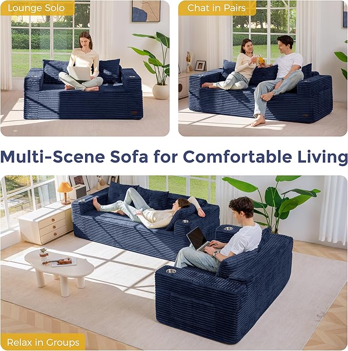 MAXYOYO Boneless Couch and Loveseat Sets for Small Spaces, Mini Love Seat Floor Couch with Cup Holders and Pillows, Upholstered Cloud Couch for Bedroom Apartment, No Assembly Required