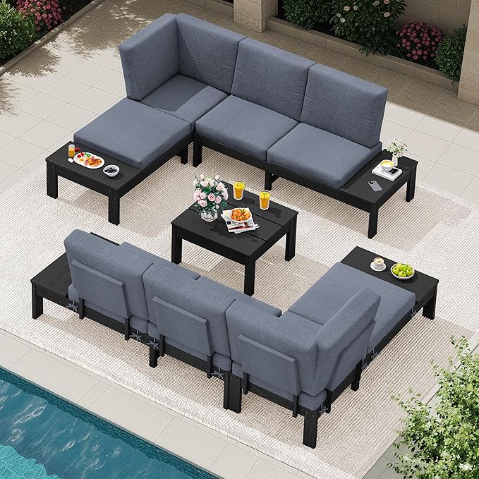 SERWALL HDPE Patio Furniture Set, 8 Seats Outdoor Sectional with Coffee Table, Outdoor Conversation Sets with Adjustable Backrest Sofa for Garden, Poolside, Black Frame with Grey Cushion