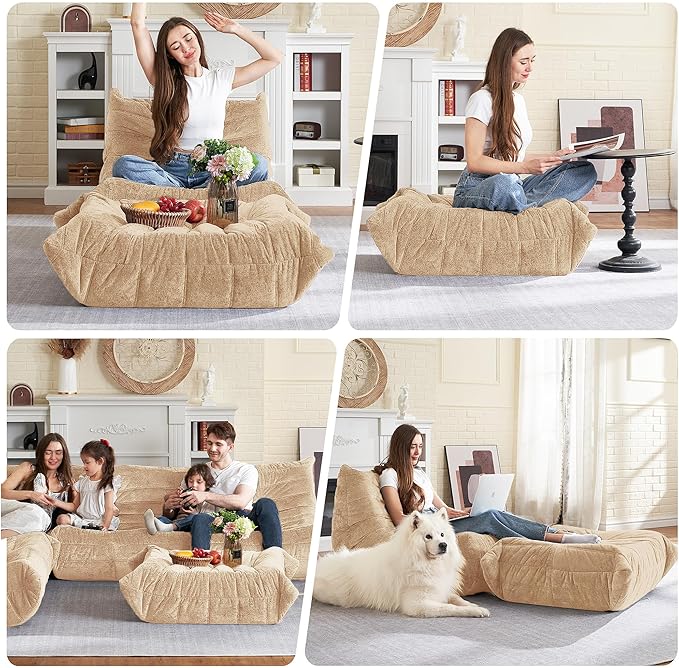HABUTWAY Bean Bag Ottoman,Foot Rest,Fireside Chair Memory Foam Lazy Bean Bag Sofa for Living Room,Bedroom,Dorm,Office (Ottoman-Khaki)