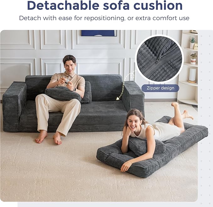 MAXYOYO Convertible Sofa Bed, Pull Out 3 Seater Sleeper Sofa, 2 in 1 Folding Couch Bed, Fold Out Floor Couch with Pillows for Living Room Bedroom Lounge, Dark Grey