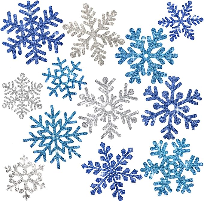 Whaline Snowflake Cut-Outs 48Pcs Glitter Blue Silver Snowflake Cutouts Double-Sided Holiday Cut-Outs with Glue Point for W...