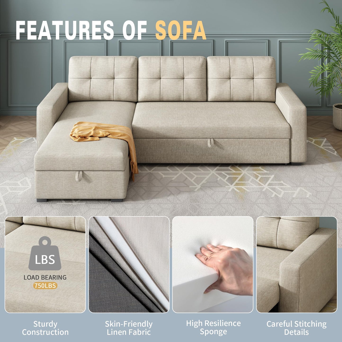 FAVSH L-Shaped Sectional Convertible Sleeper Sofa Bed, Pull Out Couch with with Reversible Storage & Removable 3 Back Cushion for Living Room Apartment,Beige