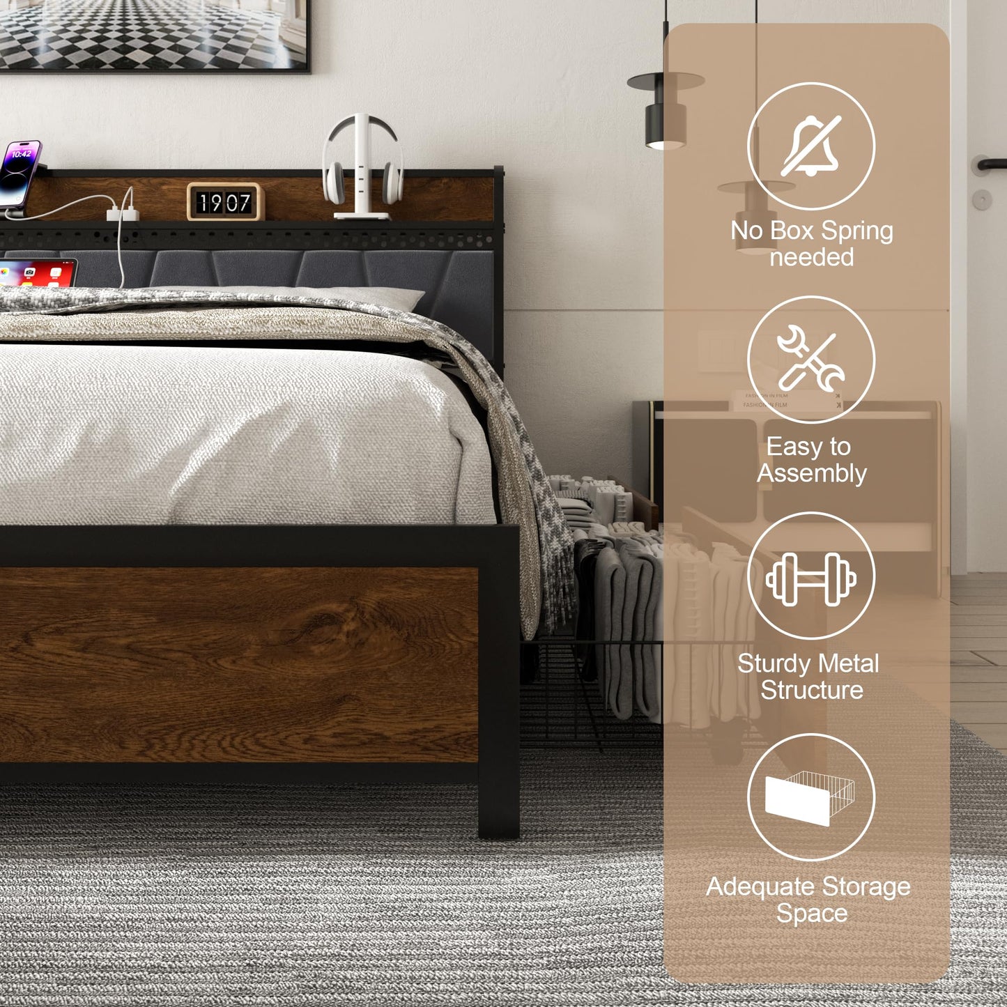 viplov Full Size Bed Frame with Storage Headboard, Metal Platform Bed & 4 Drawers, Built-in Charging Station & LED, Noise-Free, Metal Support, No Box Spring Needed