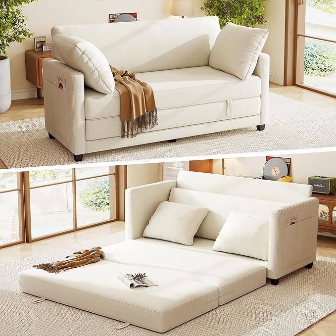 kakuboohi 65" Loveseat Sleeper Sofa Bed, Chenille Convertible Sofa Bed for Small Spaces, Folding Couch Bed with Deep Seat, Solid Frame, Pull Out Floor Couches for Living Room, Beige