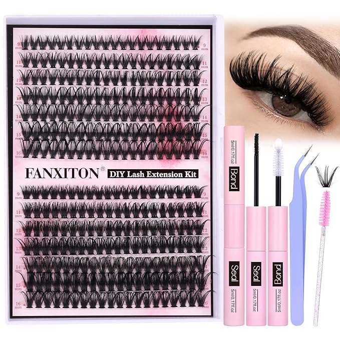 FANXITON DIY Individual Eyelash Extension Kit, Thick Volume Lash Clusters 40D+50D D Curvature, 280 Pieces Thin Band Cluste...