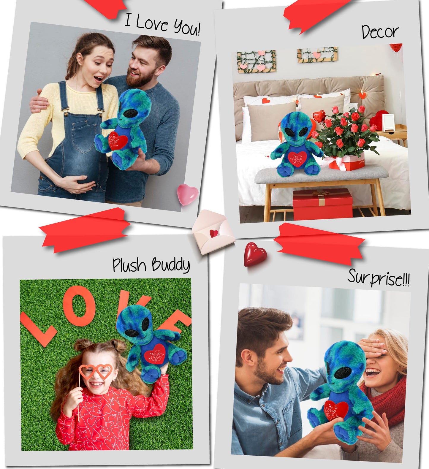 DolliBu I Love You Valentine Plush Blue Tie-Dye Alien - Cute Stuffed Animal with Red Heart and Name Personalization Gift for Valentines Day, Birthday, Anniversary, Romantic Date - 9 Inches