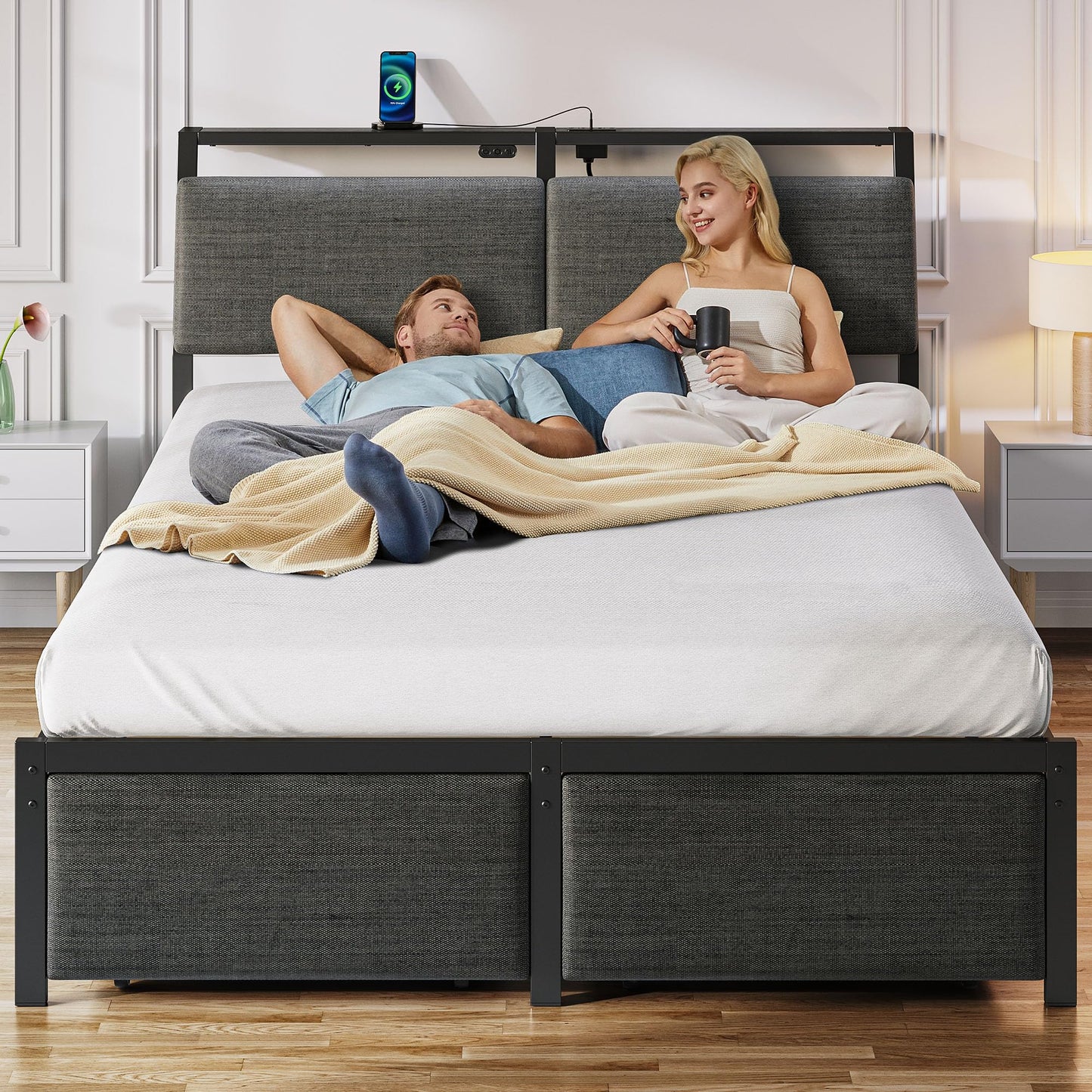 Rolanstar Queen Bed Frame with Ergonomic Headboard Storage & Charging Station, Upholstered Platform Bed with LED Light & Drawer, Heavy Duty Metal Slats, Noise Free, No Box Spring Needed, Grey