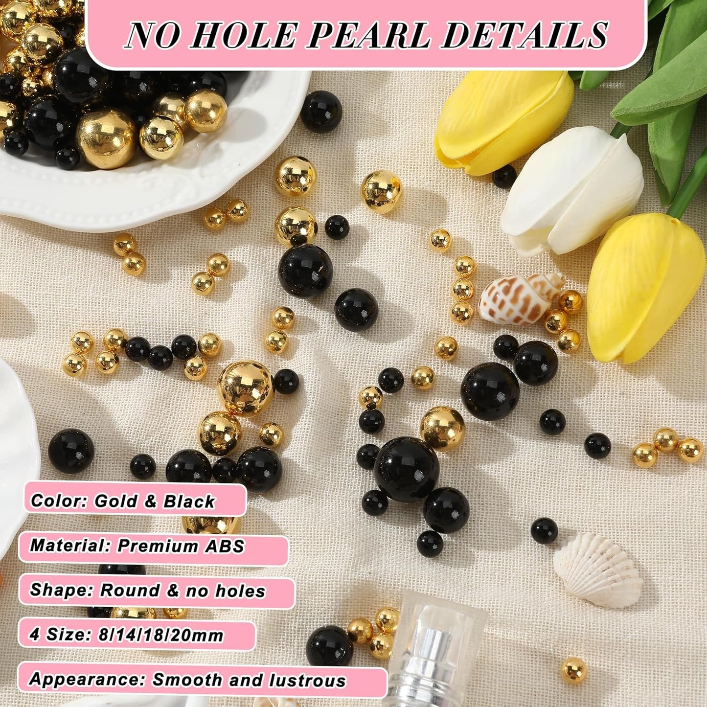 Pearl Beads No Hole Pearls for Crafting 180 Pcs Fake Pearls Faux Pearls for DIY Crafts Jewelry Making Vase Filler Floating Candle Wedding Birthday Party Home Decorations (Black & Gold, 8/10/14/20mm)