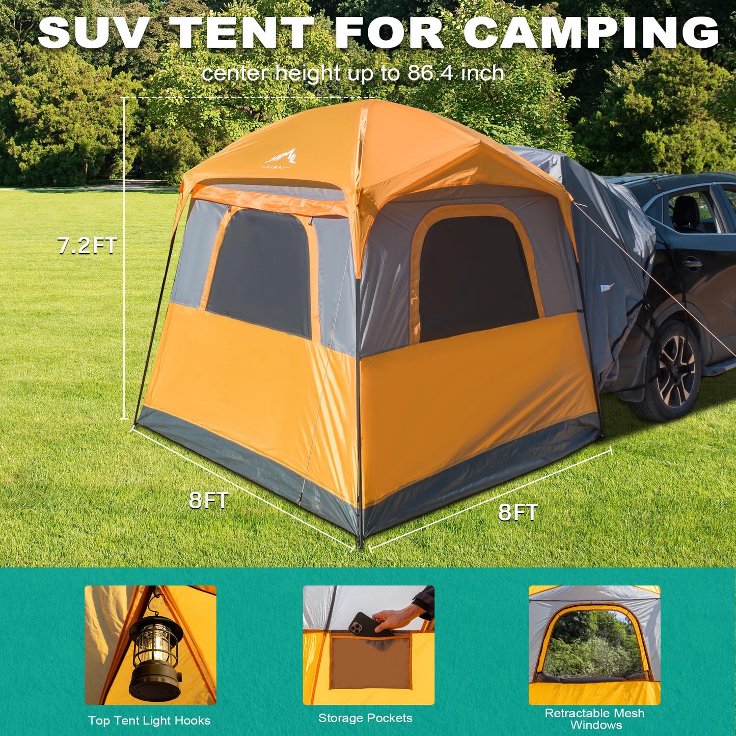 uniHimal SUV Tent for Camping,Waterproof PU2000mm, Fits 5-8 People,Spacious Double Layer Design, Includes Rainfly & Storage Bag, 8FT L x 8FT W x 7.2FT H,Orange