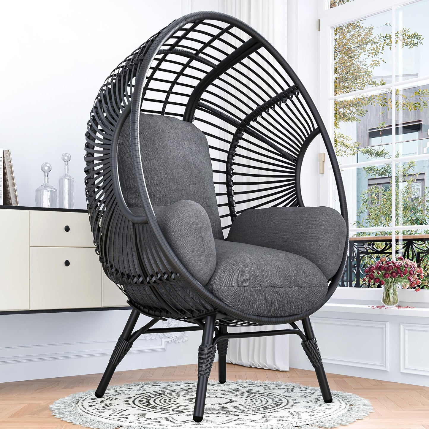 TQKVIPI Oversized Wicker Egg Chair, Outdoor Indoor Rattan Patio Egg Lounge Chairs with Cushion 500lbs Capacity for Living Room, Balcony, Backyard(Black)