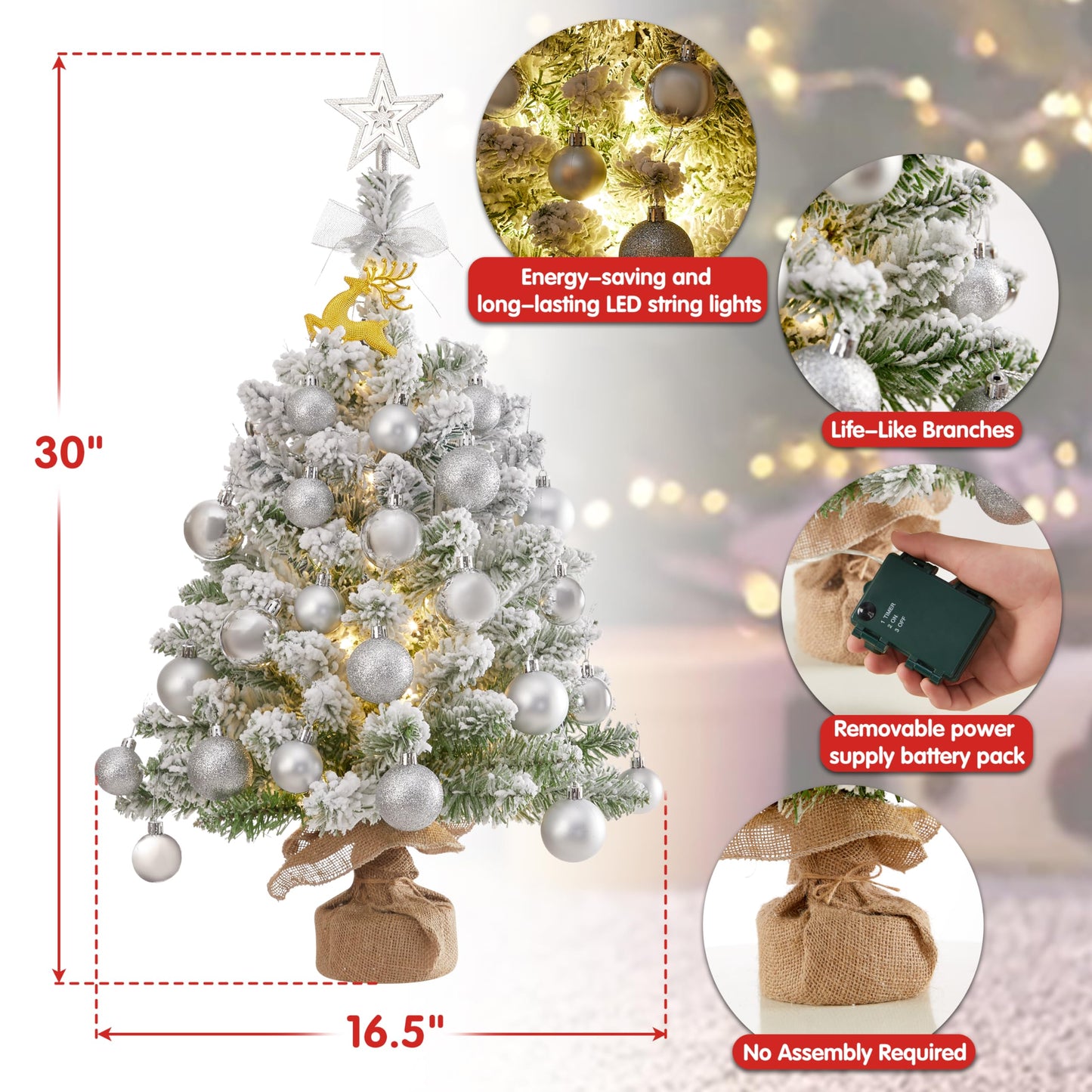 30 Inch Tabletop Mini Flocked Snow Christmas Tree, Artificial Xmas Pine Tree with LED String Lights, Gold Star Topper, Christmas Elk and Ornaments (White)