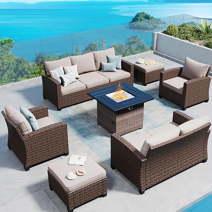 SUNSHINE VALLEY Patio Furniture Set Outdoor Furniture Brown Wicker Rattan Patio Conversation Sets with Cushion Outside Sofa Set,6 Pieces with Firepit Table,9 Seats,Beige