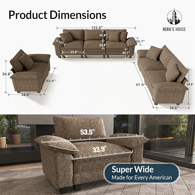 HERA'S HOUSE 3 Pieces Modular Sectional Sofa Sets, Oversized Couch Set with Loveseats and Armchair, Comfy Cloud Couches with Throw Pillows, 6-Seater Deep Seat Sofa for Living Room, Chenille Taupe