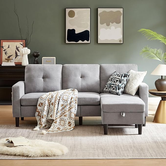 Pingliang Home 80" Convertible Sectional Sofa Couch with Movable Ottoman, 3 Seats Sectional Sofas L Shaped Couch for Small Spaces, Soft Fabric Couch for Living Room (Light Grey)