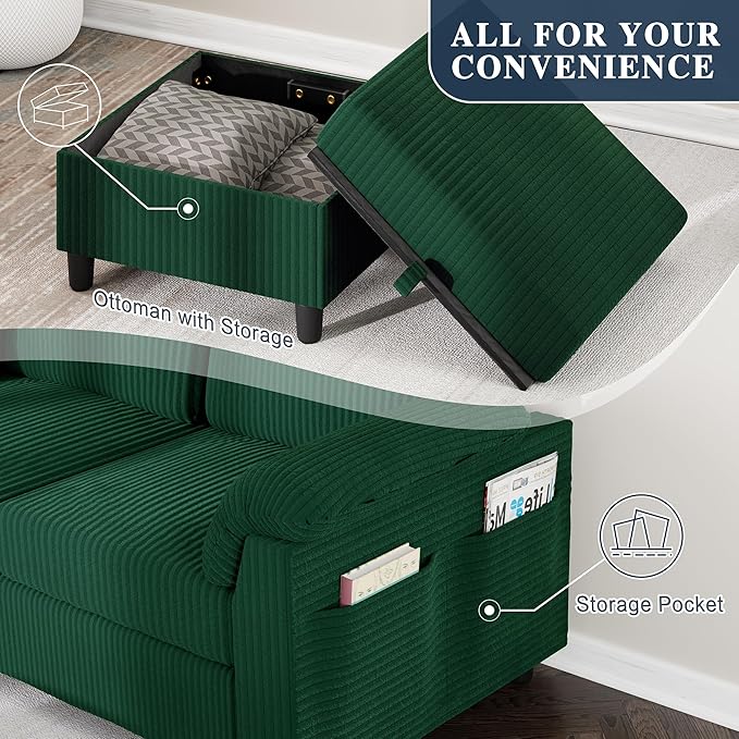 Meilocar Sectional Sofa Couch for Living Room, 79" Sectional Couch with Storage Ottoman, L Shaped Couches with Armrests Side Storage Pockage, 3-Seat Sofa Couches for Living Room, Apartment, Green