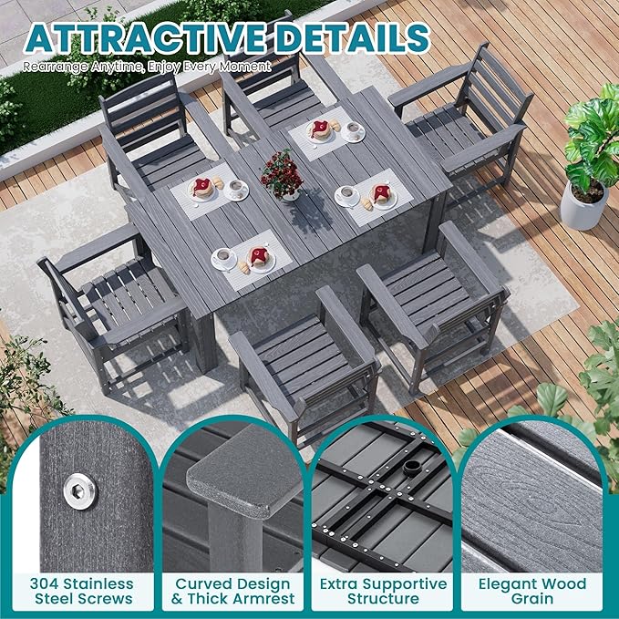 PamapicLife Outdoor HDPE Dining Table Set, 7-Piece Outdoor Dining Table Sets, Wood Grain Patio Furniture Sets with Umbrella Hole for Porch, Backyard, Gray