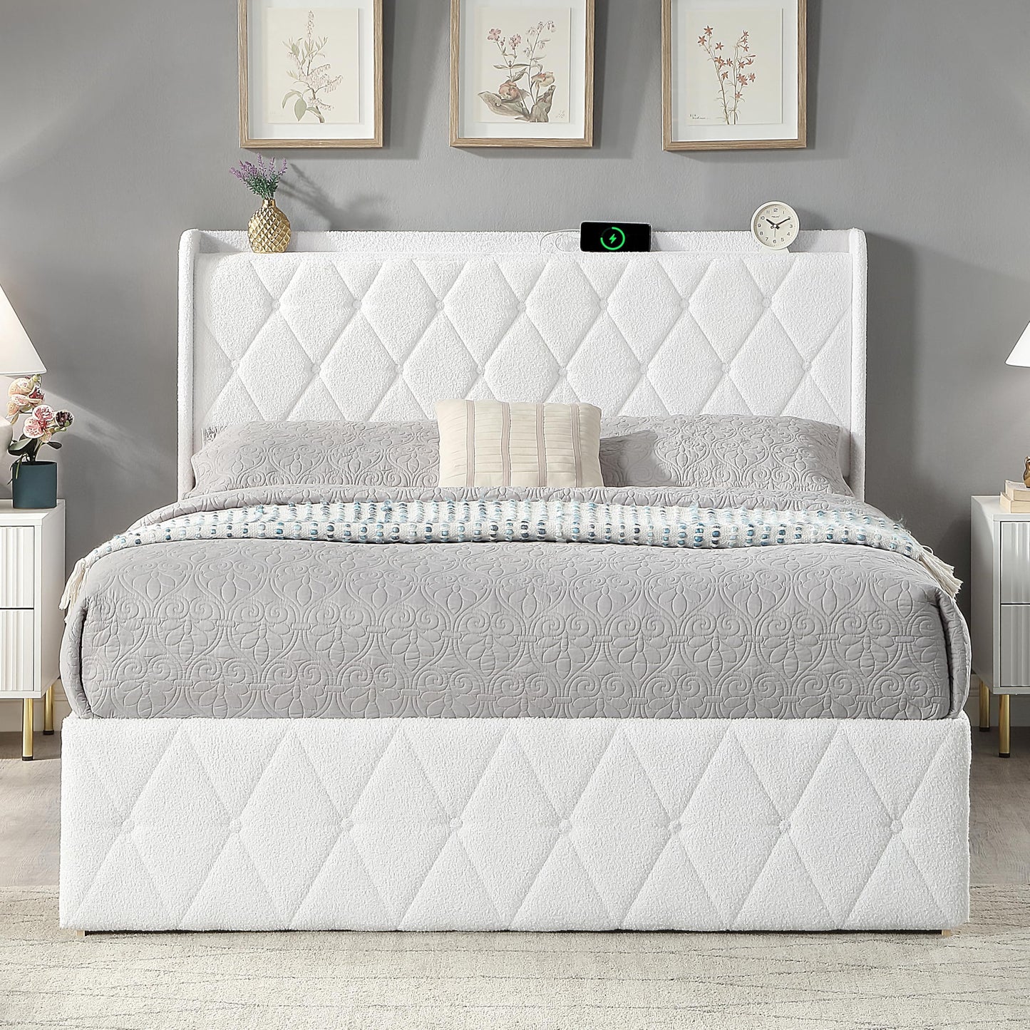 DynJest Queen Size Bed Frame with 6 Storage Cabinet and LED Lights, Boucle Upholstered Button Tufted Headboard - Includes Charging Station, Noise-Free, No Box Spring Needed, (Modern Style) White
