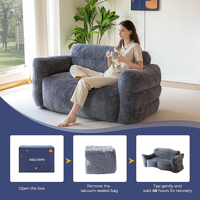 MAXYOYO Giant Bean Bag Chair for Adults, Ultra Soft Fluffy Loveseat Bean Bag Sofa, Oversized Floor Sofa for Living Room Bedroom, Cozy Reading Chair with Filler, Dark Grey