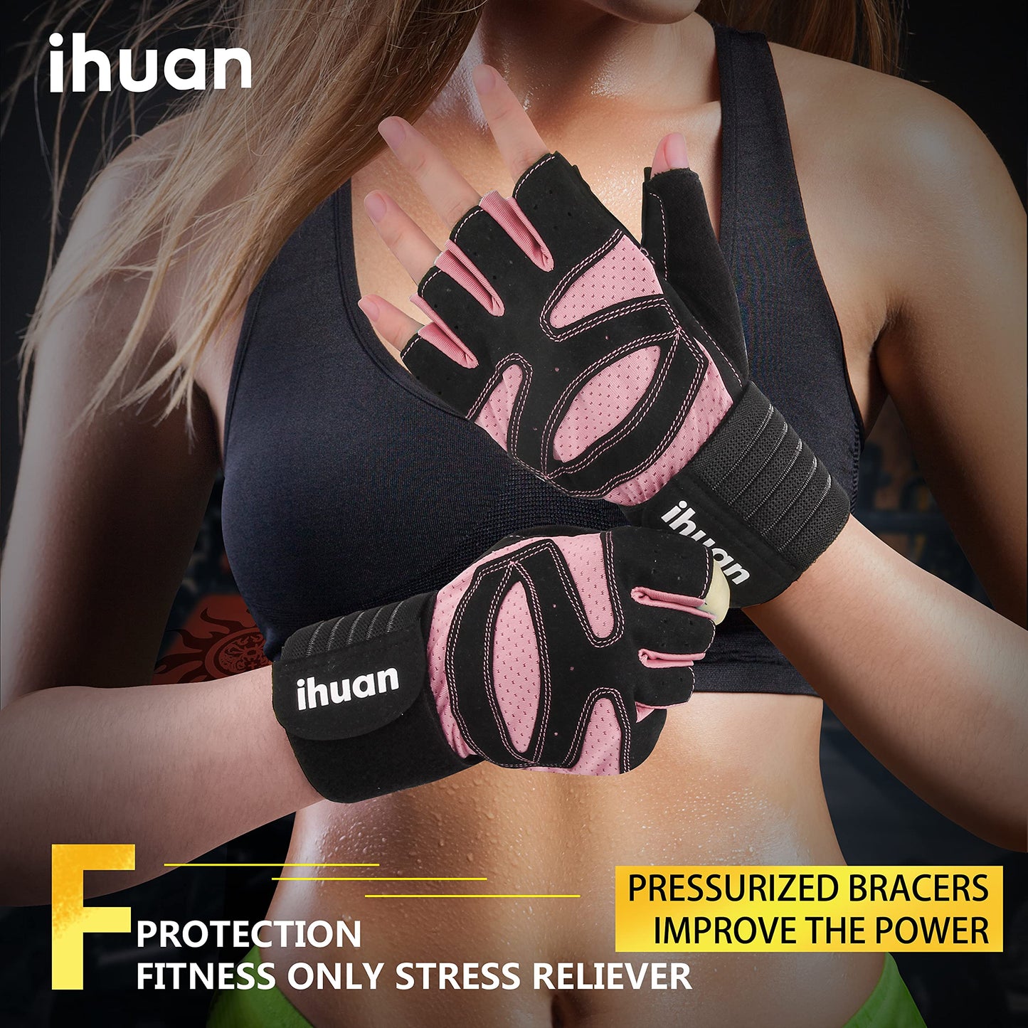 ihuan Ventilated Weight Lifting Gym Workout Gloves with Wrist Wrap Support for Men & Women, Full Palm Protection, for Weightlifting, Training, Climbing Fitness, Hanging, Pull ups