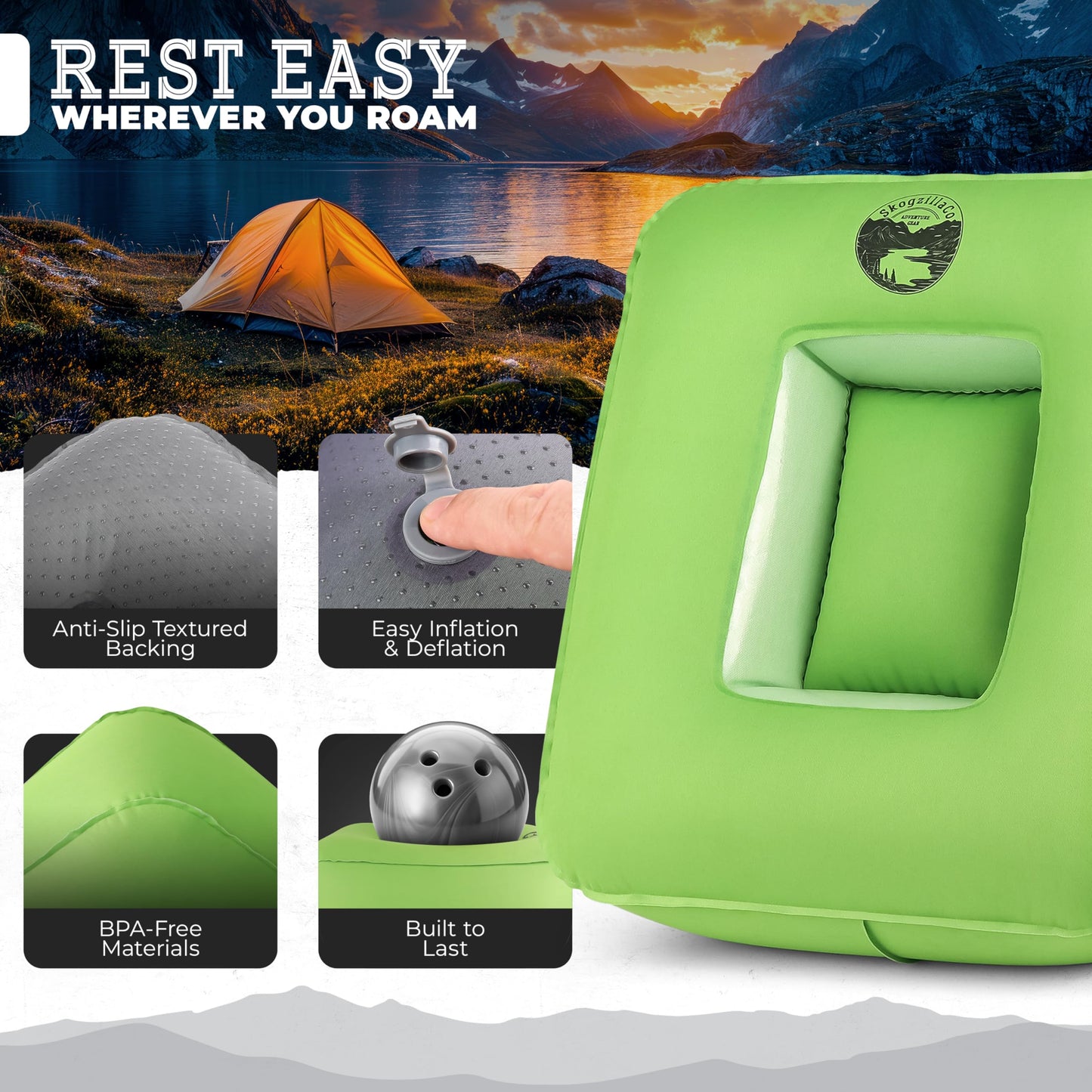 TrailNeck 1.0 Inflatable pillow, compact, portable, packable camp pillow, camping essentials, backpacking gear, hiking, deployments, car or plane travel pillow, beach, firm side sleeper pillows