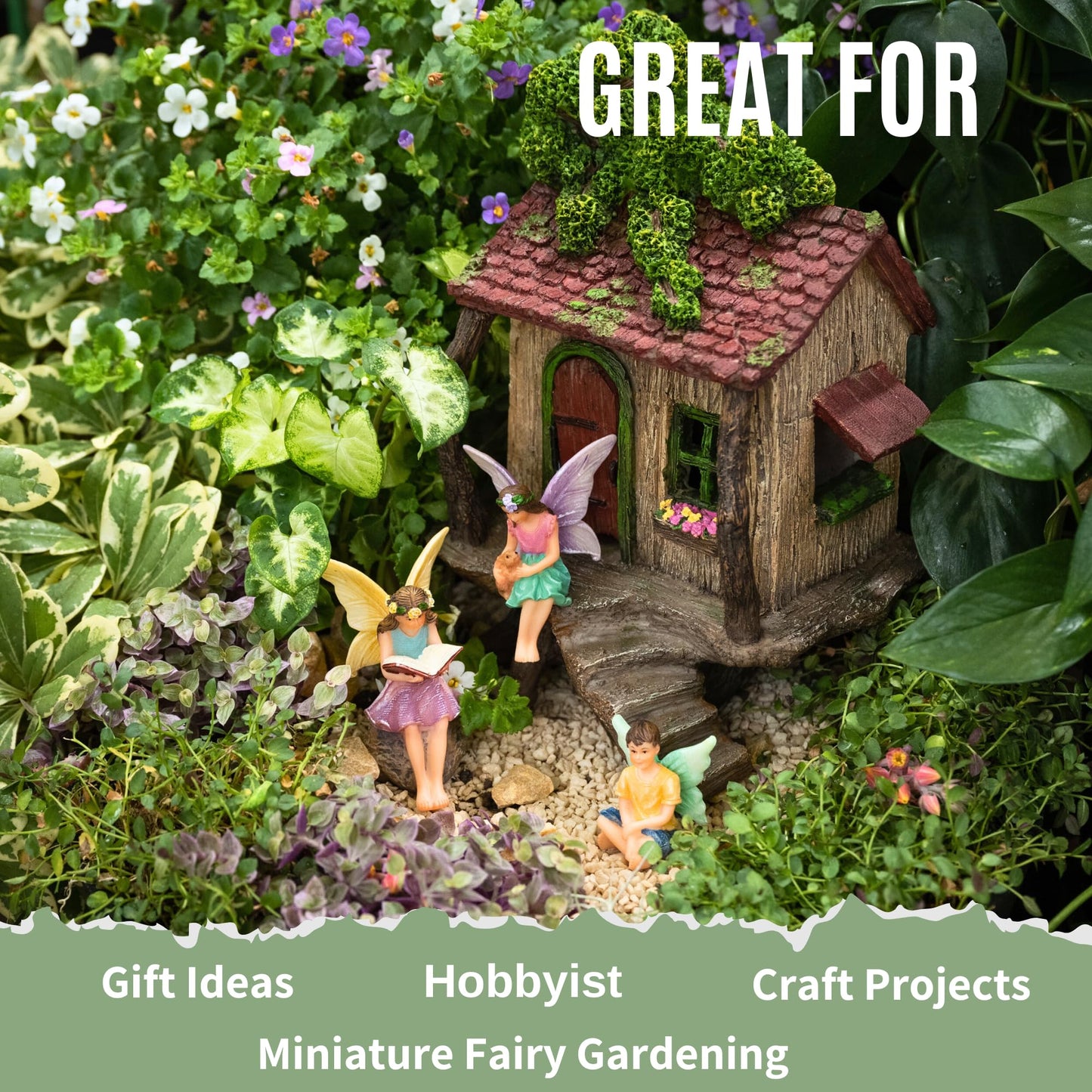 PRETMANNS Fairy Garden House Kit – Complete with Accessories, House 9” High with Door That Opens & Fairies for Outdoor Gardens – 4 Pieces