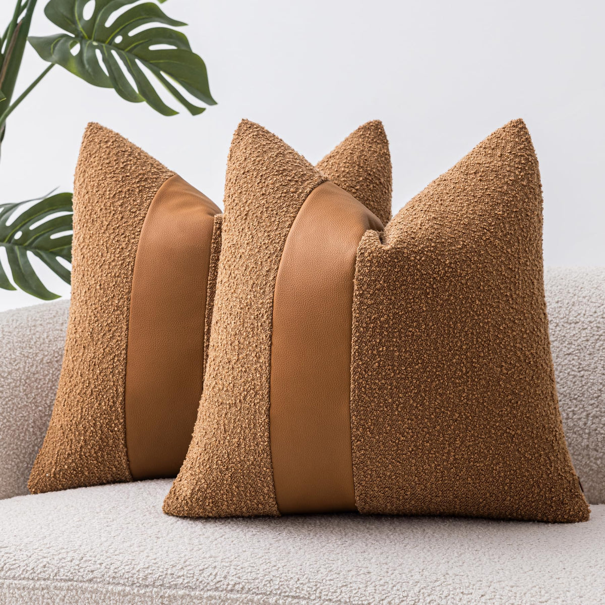 SINYASAN 18"x18" Tobacco Boucle Throw Pillow Covers with Faux Leather Accents Set of 2 Fluffy Textured Decorative Pillow Cases for Couch Bed Boho Farmhouse Square Cushion Covers for Nordic Home Décor