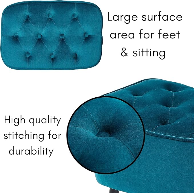 BIRDROCK HOME Tufted Curve Ottoman Velvet Foot Stool - Upholstered Padded Footrest for Living Room or Bedroom - Small Cushioned Accent Chair for Couch, Sofa, Lofted Seating - Modern Furniture - Teal
