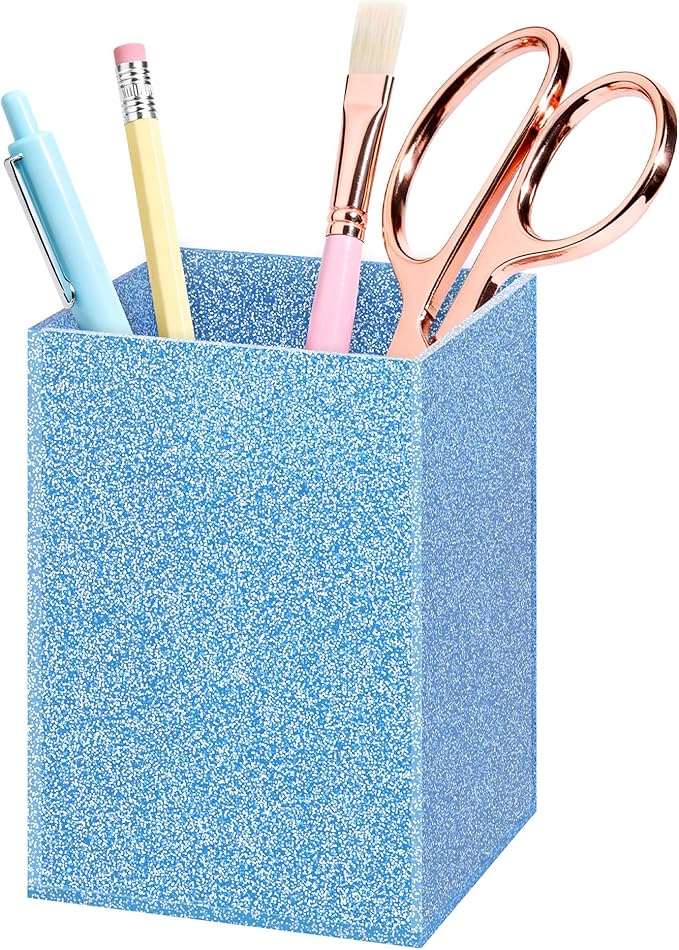 Luminzo Blue Glitter Acrylic Pen Holder, Acrylic Makeup Brush Storage Organizer, Pencil Pen Holder for Desk, Modern Deskto...