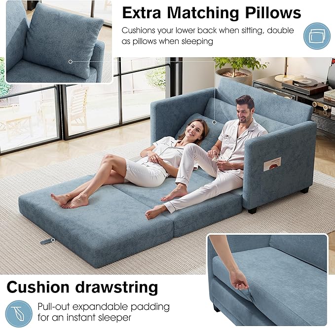 kakuboohi 51" Loveseat Sleeper Sofa Bed, Chenille Convertible Floor Sofa Bed for Small Spaces, Folding Couch Bed with Deep Seat, 2 Pillows & Solid Frame, Pull Out Couch for Living Room, Light Blue