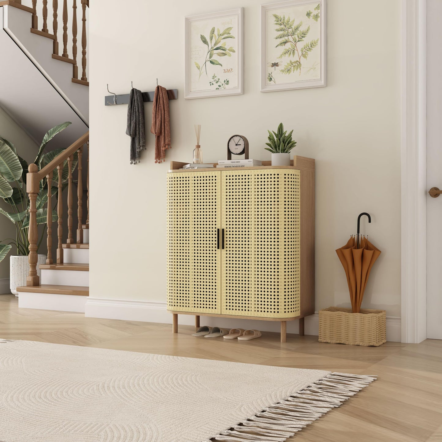 ORRD Shoe Cabinet, 5 Tier Boho Wooden Shoe Storage Organizer Cabinet with Adjustable Shelves, Shoes Rack with Iron Rattan Curved Doors Accent Cabinet for Entryway Hallway Living Room, Natural