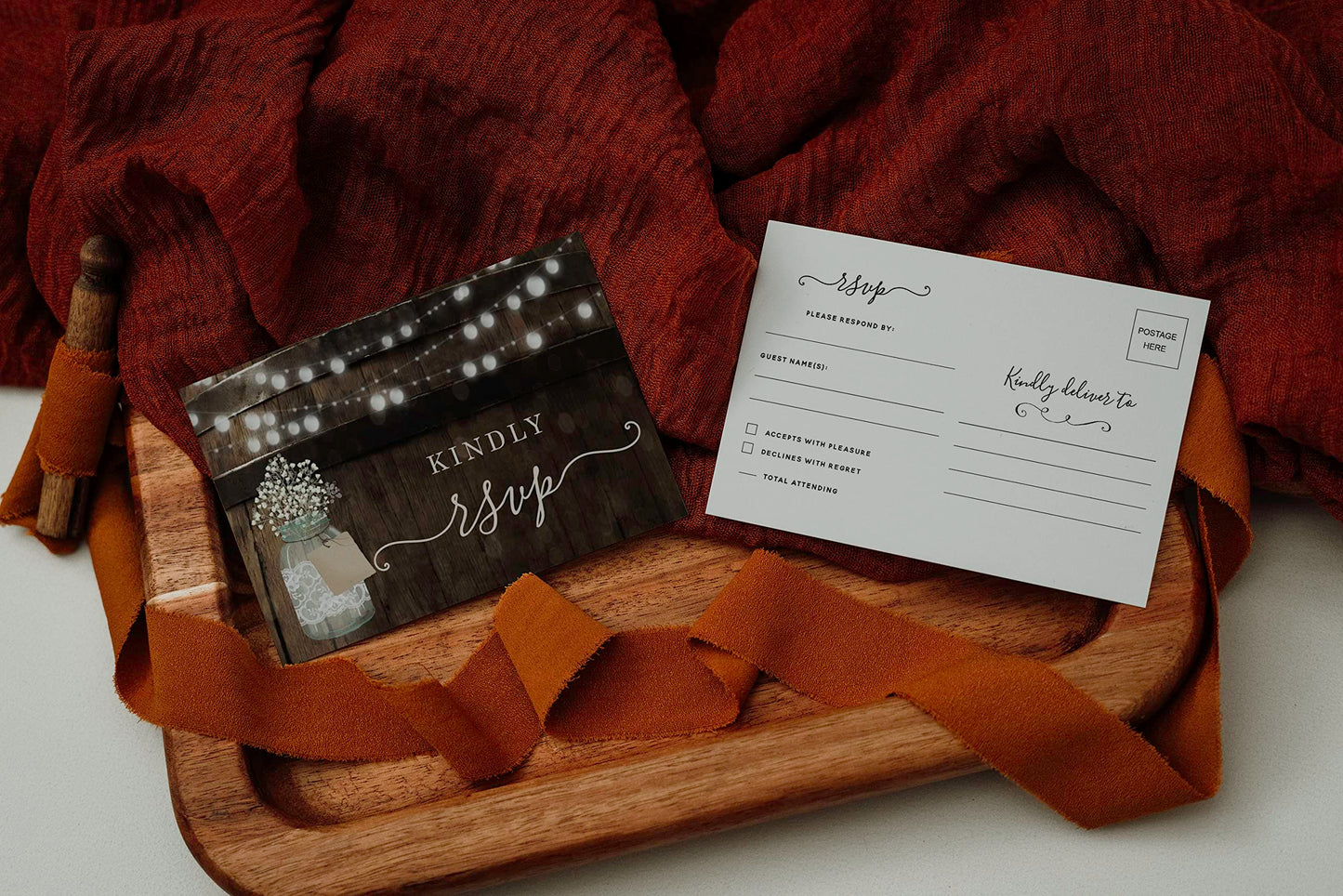 Your Main Event Prints 50 Rustic Mason Jar RSVP Postcards for Wedding, Response Cards, Reply Cards Perfect for Bridal Shower, Rehearsal Dinner, Engagement Party, Baby Shower