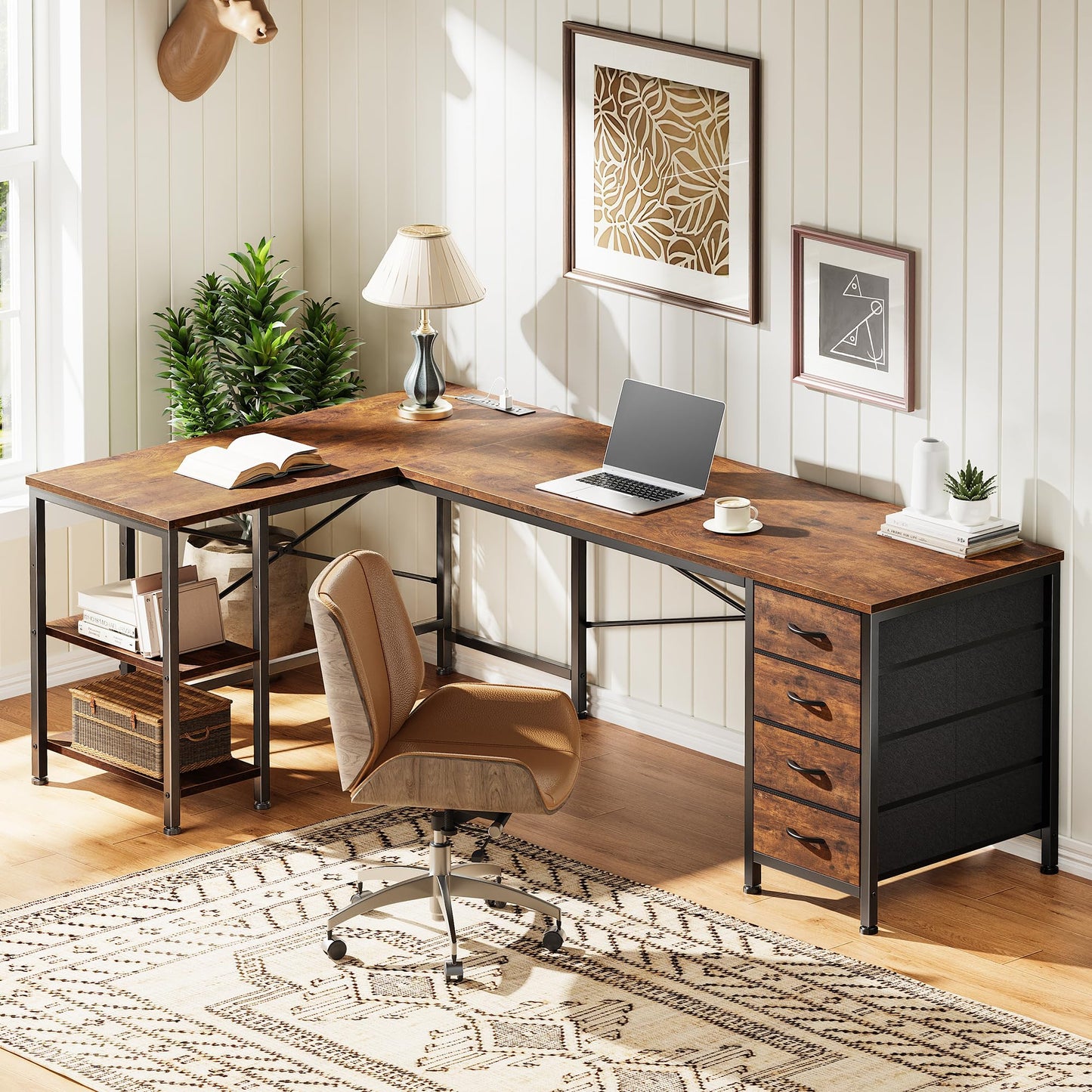 Huuger 55 Inch L Shaped Desk with Fabric Drawers, Reversible Computer Gaming Desk with Power Outlets and USB-C Port, Adjustable Side Storage Shelves, for Work Corner Home Office, Rustic Brown