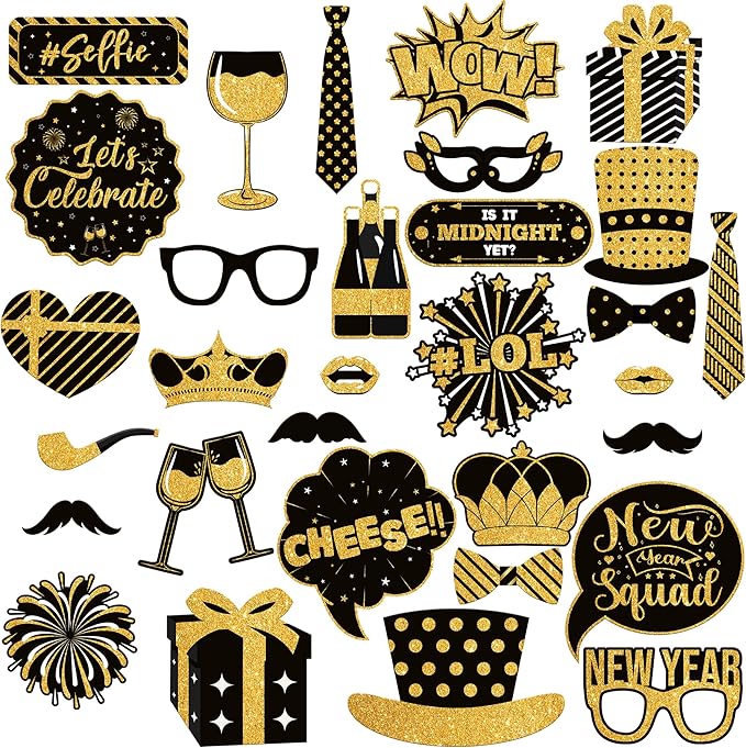 Katchon, 30 Pcs, Glitter New Years Photo Booth Props | NYE Photo Booth Props for New Years Eve Party Supplies 2026 | New Y...