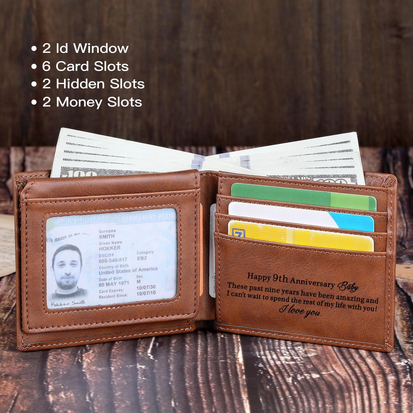 IUZOE 9rd Anniversary Leather Gift for Him, 9 Years of Marriage Engraved Leather Wallet, 9 Years Wedding Gifts for Husband
