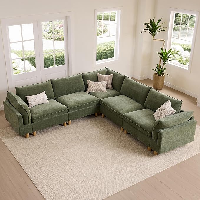 CHITA 118" Super Large Sectional Couches for Living Room, Modular Cloud Couch Sectional Sofa, Premium Fabric Couches, Down Filled, High Density Foam, Chenille in Green, 5 Seat Corner Couch