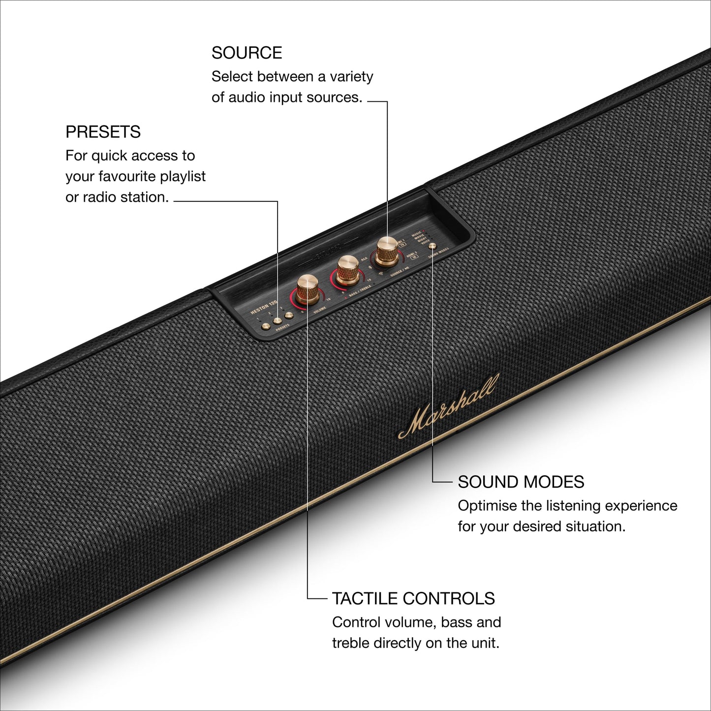 Marshall Heston 120 Soundbar - Dolby Atmos Immersive Sound and Built-in Subwoofer for TV, Movies and Music | Volume, Bass, Treble Controls | Bluetooth, WiFi, HDMI, RCA Inputs - Black