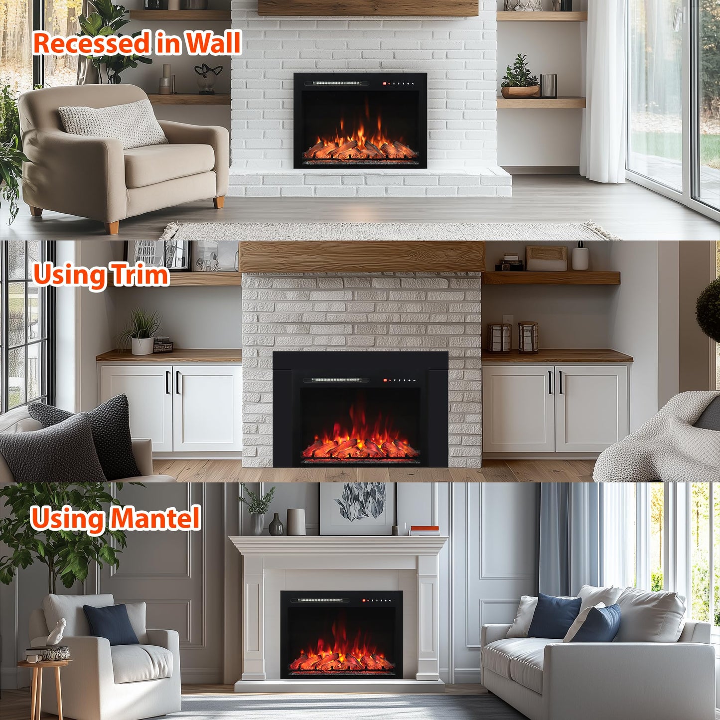 Oxhark Flame 36 Inches Electric Fireplace Insert with Trim Kit, Wall Mounted & Recessed Electric Fireplace Inserts with 8 Flame Colors, Remote Control, 6 Levels Brightness, 9H Timer, Black, 1500W/750W