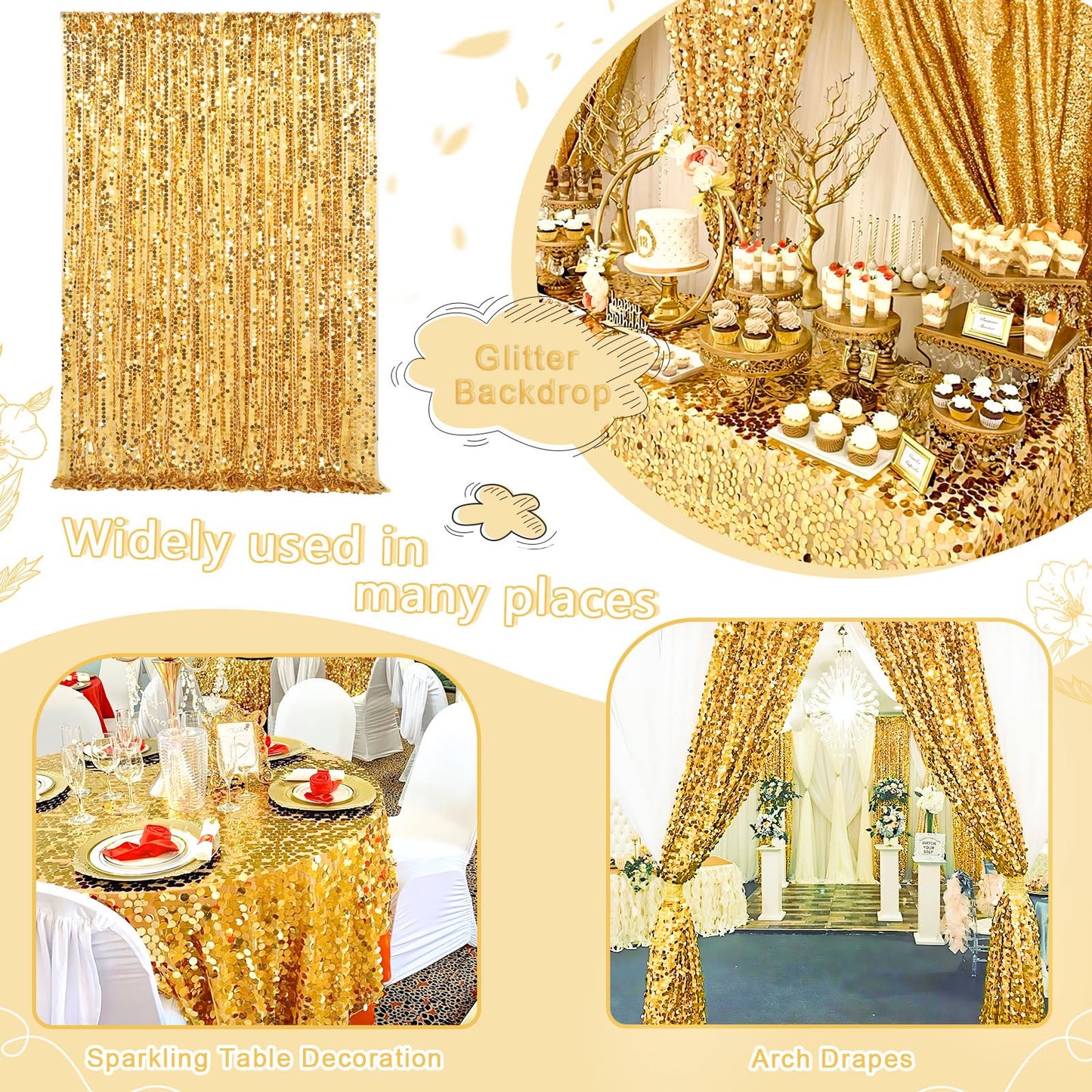 Big Payette Sequin Backdrop 4ftx8ft Gold Shimmer Backdrop Curtains Glitter Fabric Drapes for Birthday Party Baby Shower Decorations