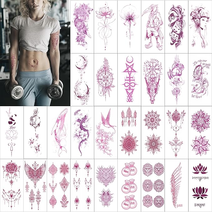 Feminine Pink Art Temporary Tattoos | Realistic Pink Purple Temporary Tattoos for Women, Floral Bird Moon & Symbol Fake Tattoo Stickers from Elegant to Edgy for Party Travel Daily Use