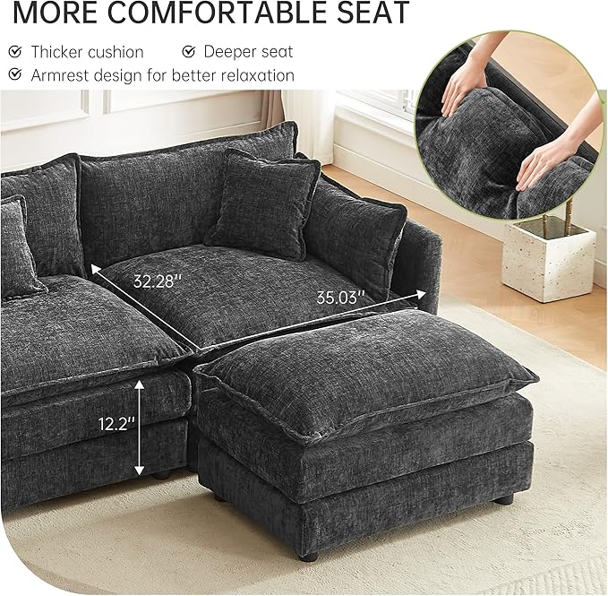 saows Modular Sectional Sofa, 147.2 Inch U Shaped Couch Set with Armrests, 4-Seater Comfy Cloud Couches with Movable Ottoman for Living Room Apartment, Grey