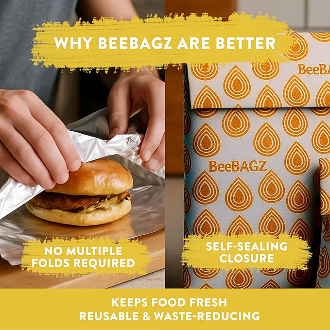 BeeBAGZ - Beeswax Wrap Storage Bag, Reusable Food Storage Bags, Pack of 3, Plastic Free Biodegradable Food Wrap Alternative, Starter Pack, 1 Small + 1 Medium + 1 Large, (Orange)