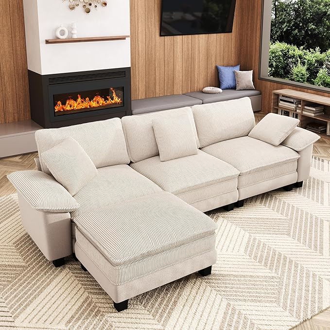 MIXPATIO 123-Inch L Shaped Sectional Sofa with Cloud Cushions, Deep Seat Modular Couch Set w/ 4 Seats & 1 Ottomans, Plush Chenille & Corduroy Upholstery for Living Room, Apartment - Beige