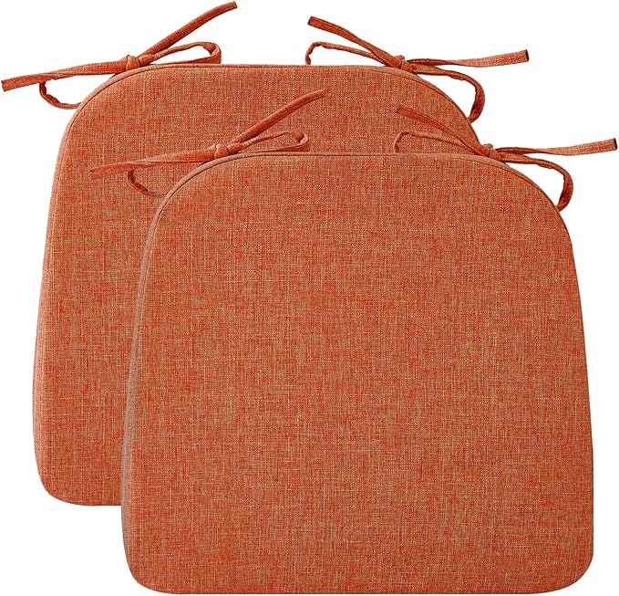 Ruqmuis Chair Cushions for Dining Chairs, 2" Thick Seat Cushions for Kitchen Chairs, D-Shaped Chair Pads with Washable Cover, Ties and Non Slip Backing, 17'' x 16'', Set of 2, Orange