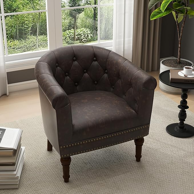 UIXE PU Leather Accent Chair, Barrel Club Chair Modern Upholstered Armchair for Living Room, Comfy Nailed Trim Arm Chair Bedroom Reading Seat, Chocolate
