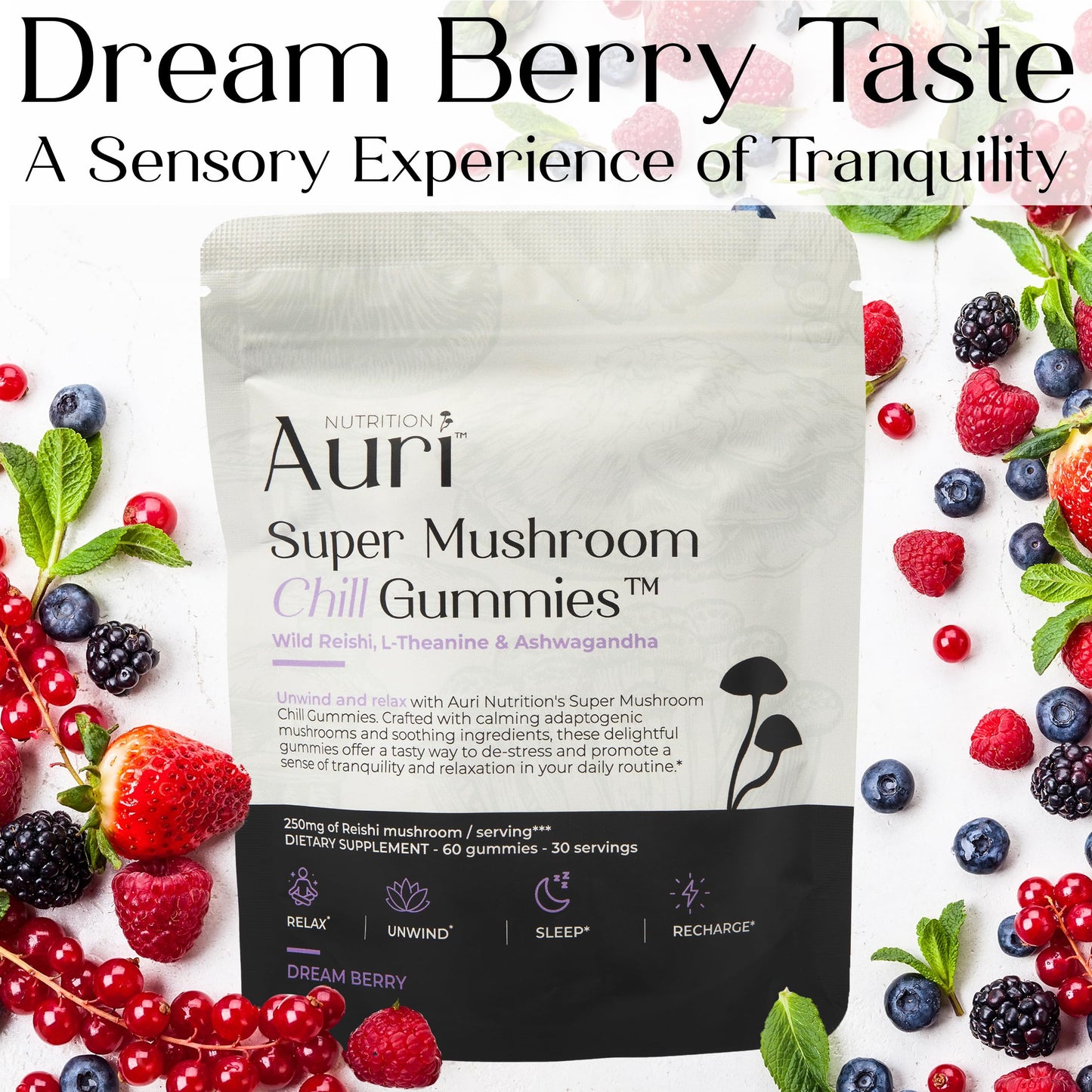 Auri Super Mushroom Chill Gummies - Natural Calming Aid & Stress Reduction Supplement for Adults w/Reishi Mushroom, Ashwagandha, L-Theanine - Unwind Mind & Harmonize Your Day - 60 Calm Gummies