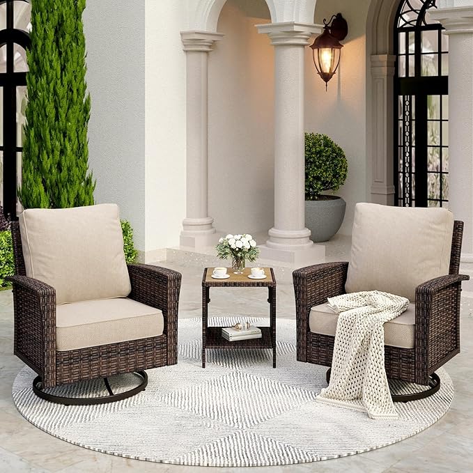 SUNSHINE VALLEY Patio Wicker Swivel Chairs Set of 2, Outdoor High Back Chairs with 5.5" Waterproof Cushions and Side Table, Outdoor Furniture Set for Deck Porch and Yard, Peacock Blue