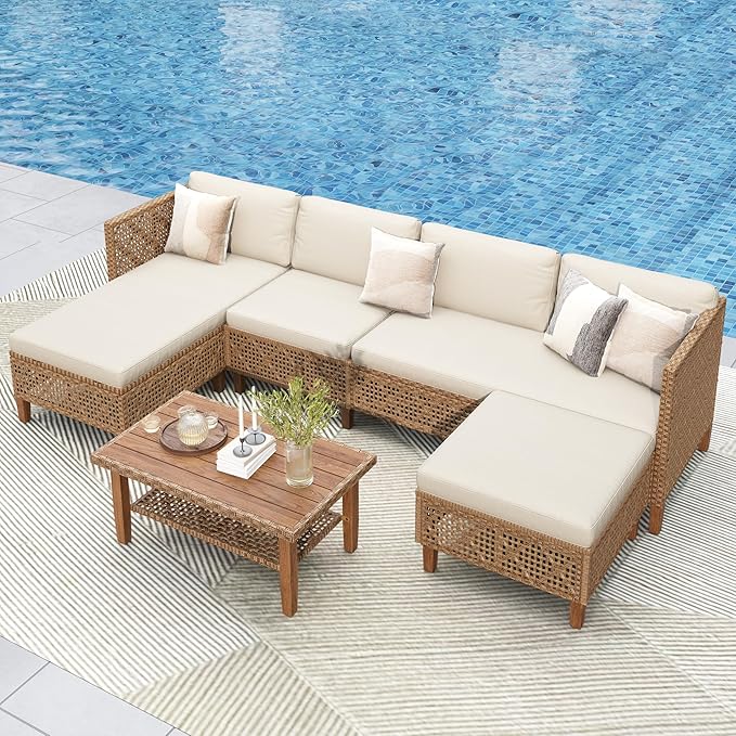 PHI VILLA Sectional Outdoor Couch, Small Patio Furniture Set with Cushions and Acacia Wood Coffee Table, U-Shaped Wicker Outdoor Sofa for Deck or Porch, 6 Seats, Beige
