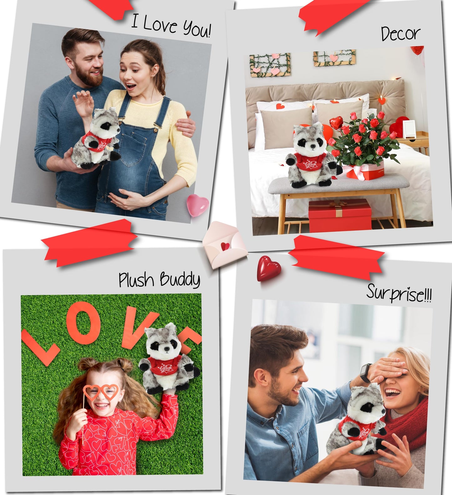 DolliBu I Love You Valentine Plush Raccoon - Cute Stuffed Animal with Red Shirt and Name Personalization Gift for Valentines Day, Birthday, Anniversary, Romantic Date - 9 Inches