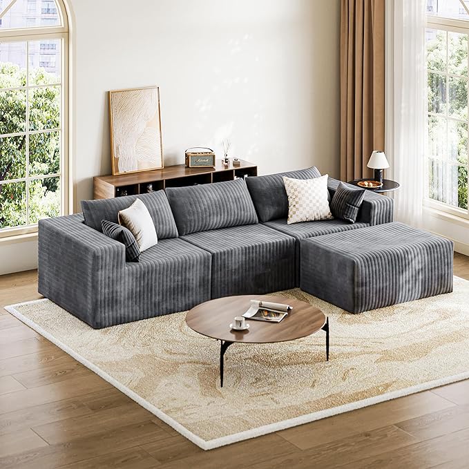 CABZOON 110" Cloud Couch Sectional for Living Room L-Shape Boneless Couches Modular Sectional Sofa with Deep Seat Plush with Chaise,No Assembly Required, Carbon Gray(Plush Corduroy Fabric)